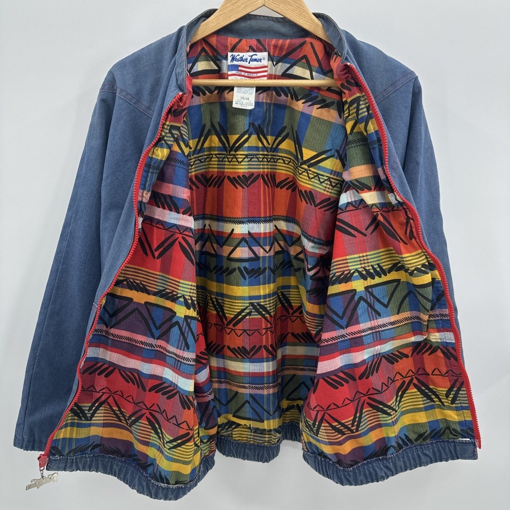 VTG Late 70's Weather Tamer Blue Denim Jacket size Woman's‎ S-M USA Aztec Print